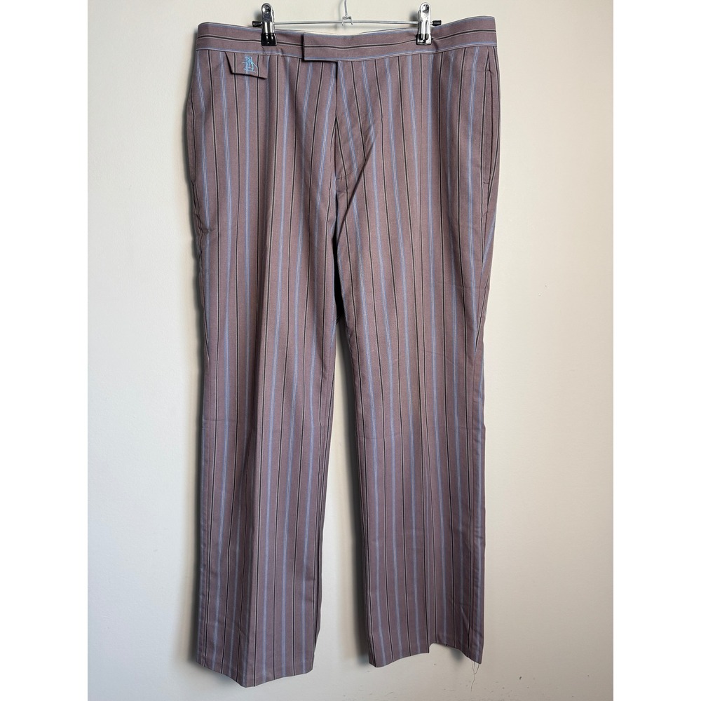 Original Penguin Mens Brown Striped Flat Front Trousers 34x32 Preppy Retro Mod